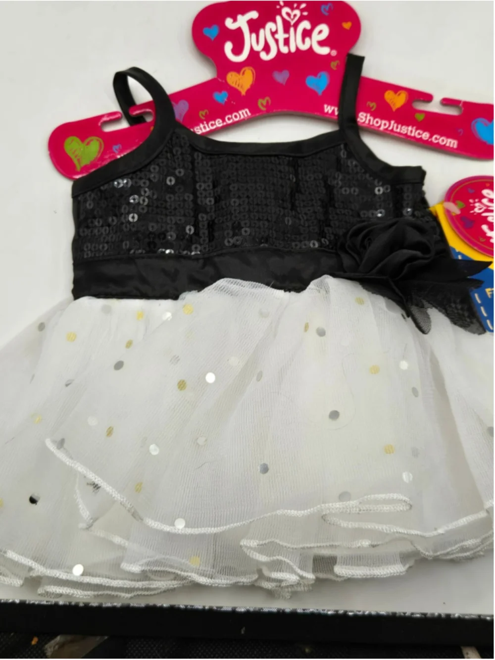 Build A Bear Justice Dress Black Sequin Bodice White Tulle Ruffle Polka Dot NWT
